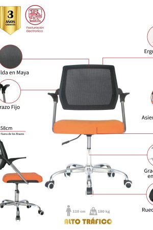 Silla Beirut Marco Negro Operativa / Asiento naranja en Paño y Espalda en Malla