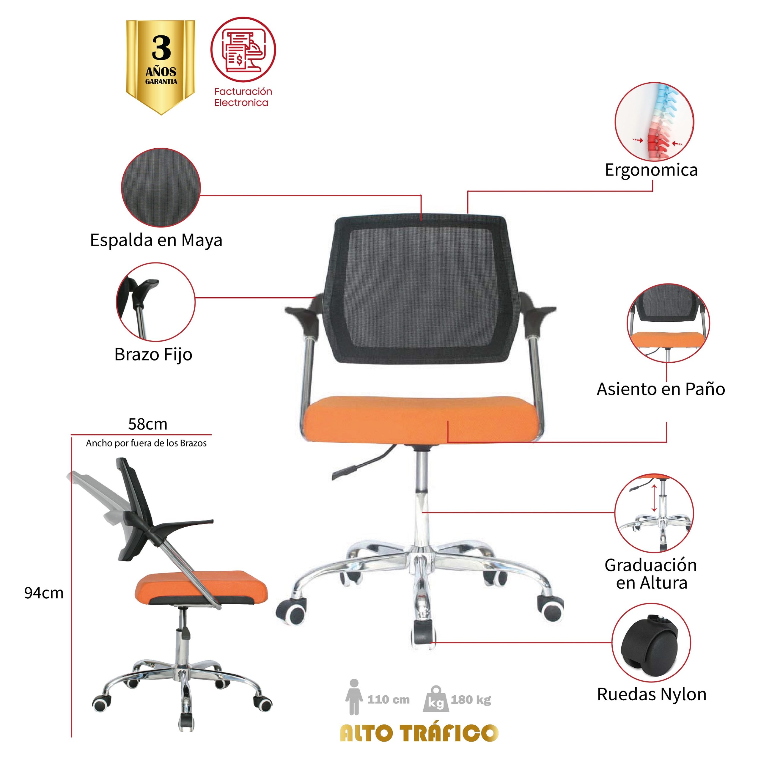 Silla Beirut Marco Negro Operativa / Asiento naranja en Paño y Espalda en Malla - Imagen 2