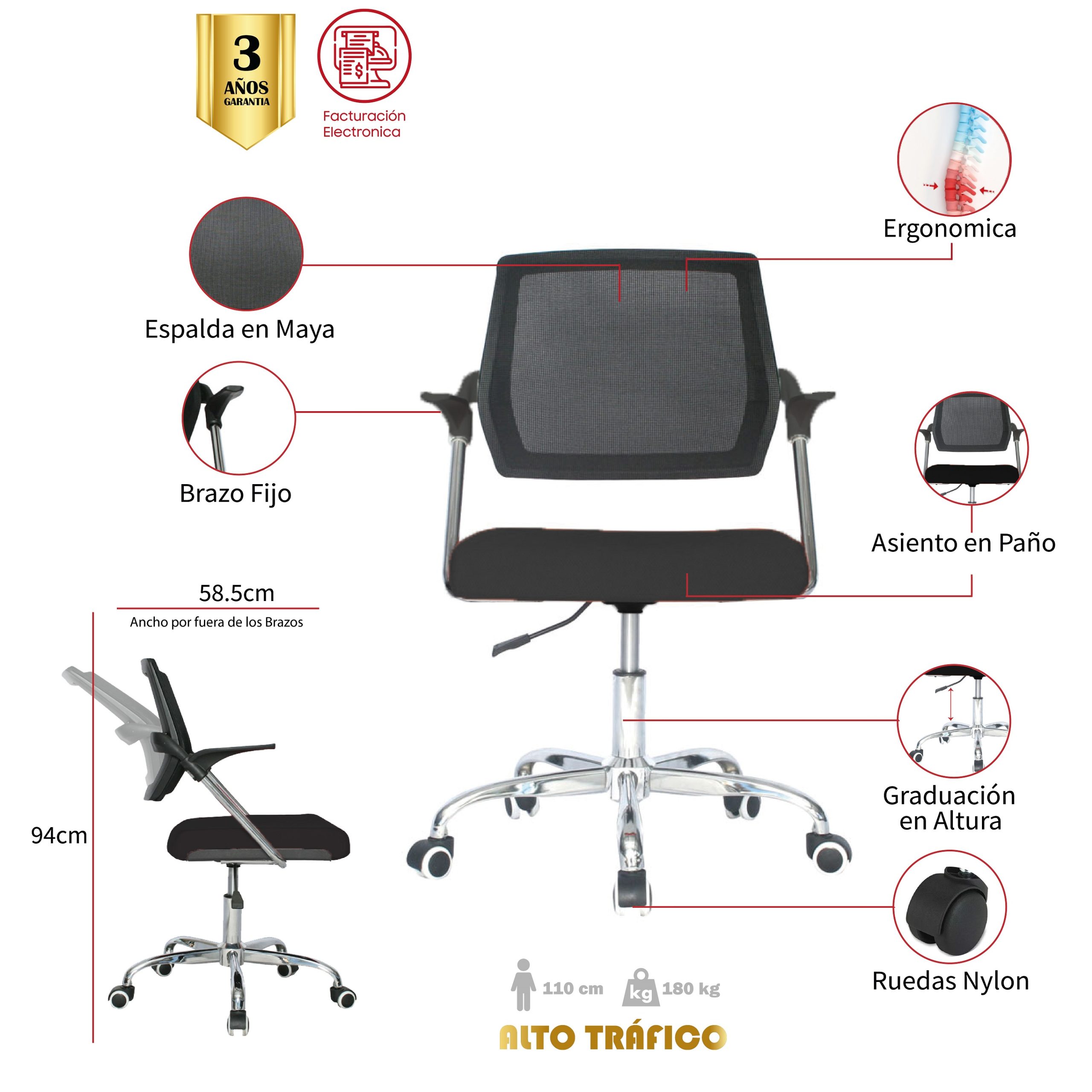 Silla Beirut Marco Negro Operativa / Asiento negro en Paño y Espalda en Malla - Imagen 2