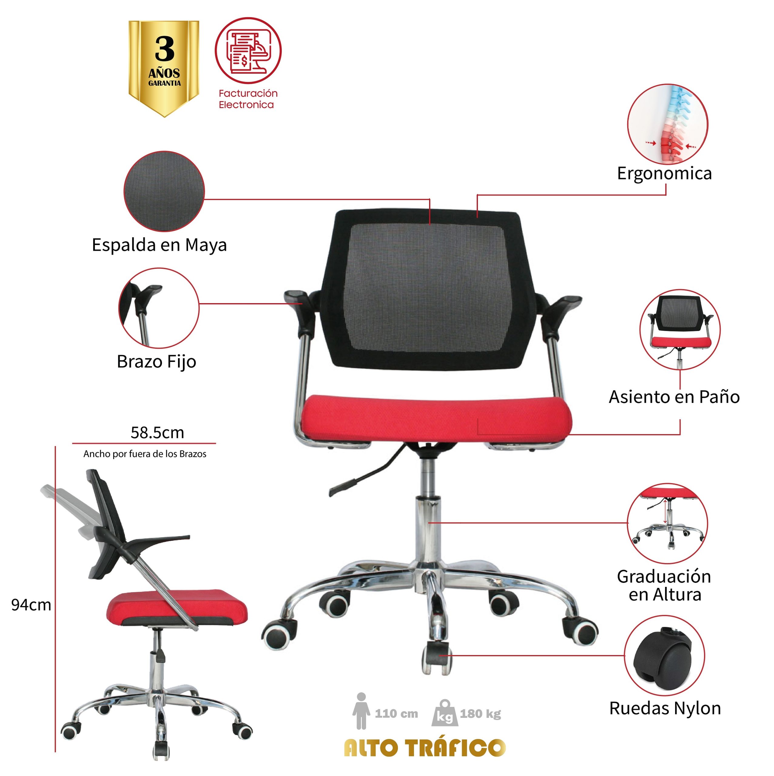 Silla Beirut Marco Negro Operativa / Asiento rojo en Paño y Espalda en Malla - Imagen 5