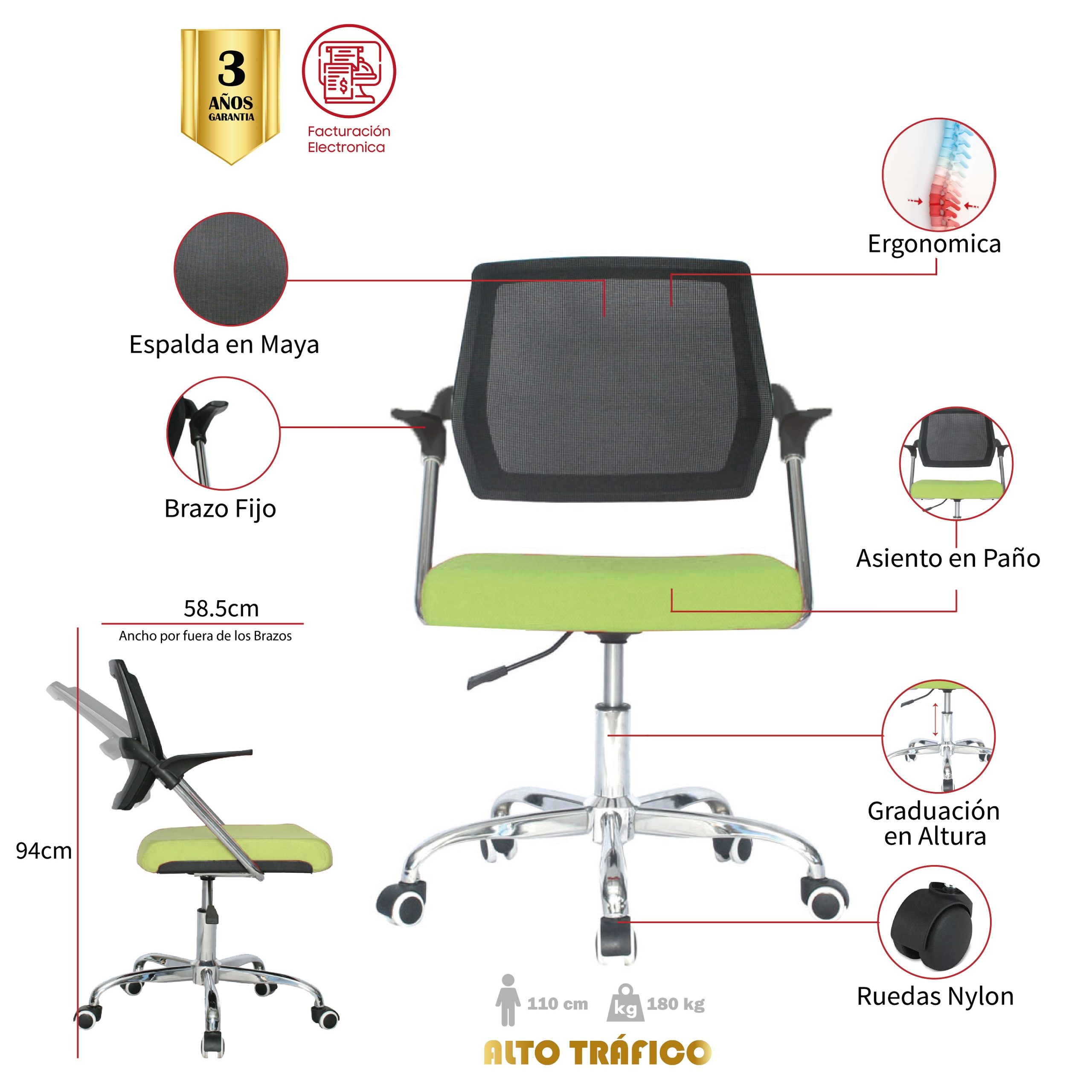 Silla Beirut Marco Negro Operativa / Asiento verde en Paño y Espalda en Malla - Imagen 2