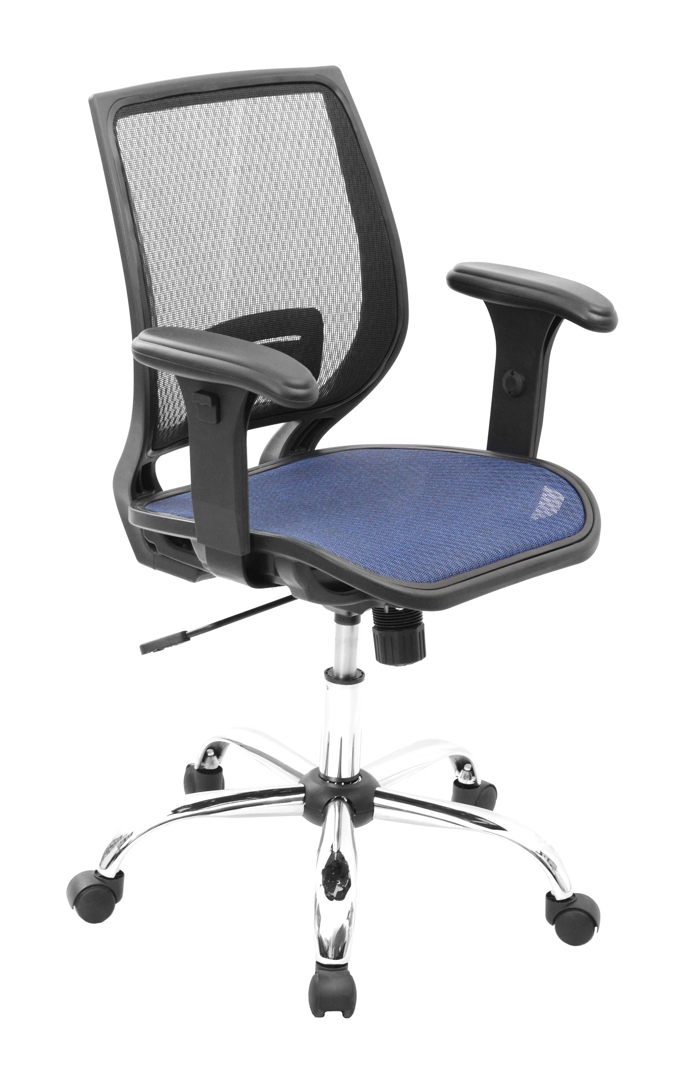 Silla Holanda Operativa Brazo Graduable / Asiento En Paño color azul y Espalda En Malla Base Cromo